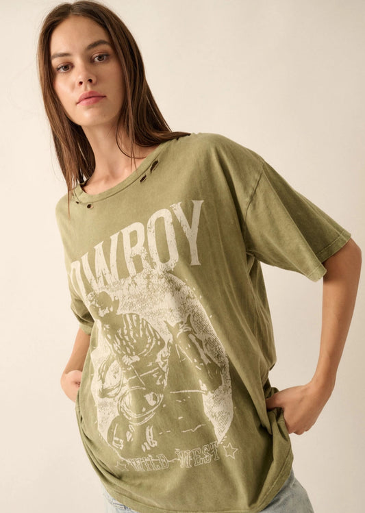 Cowboy Mineral Washed Distressed Graphic Tee