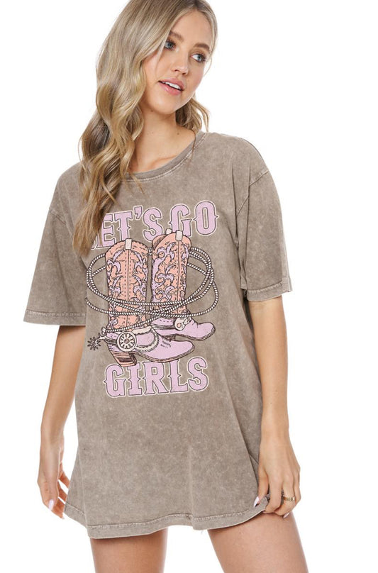 Let's Go Girls Boots Mocha Washed Graphic Tee