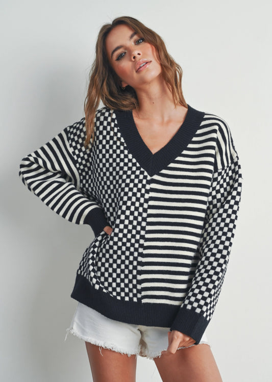 Frenchy Checker Pattern Drop Shoulder Sweater